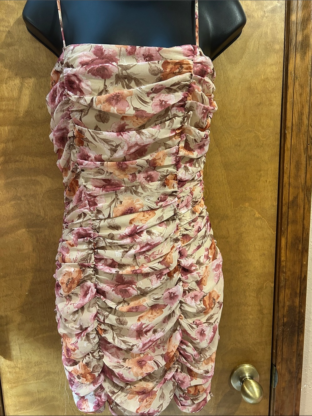 Floral Ruched Spaghetti Strap Dress in Blush Multi - Homecoming
